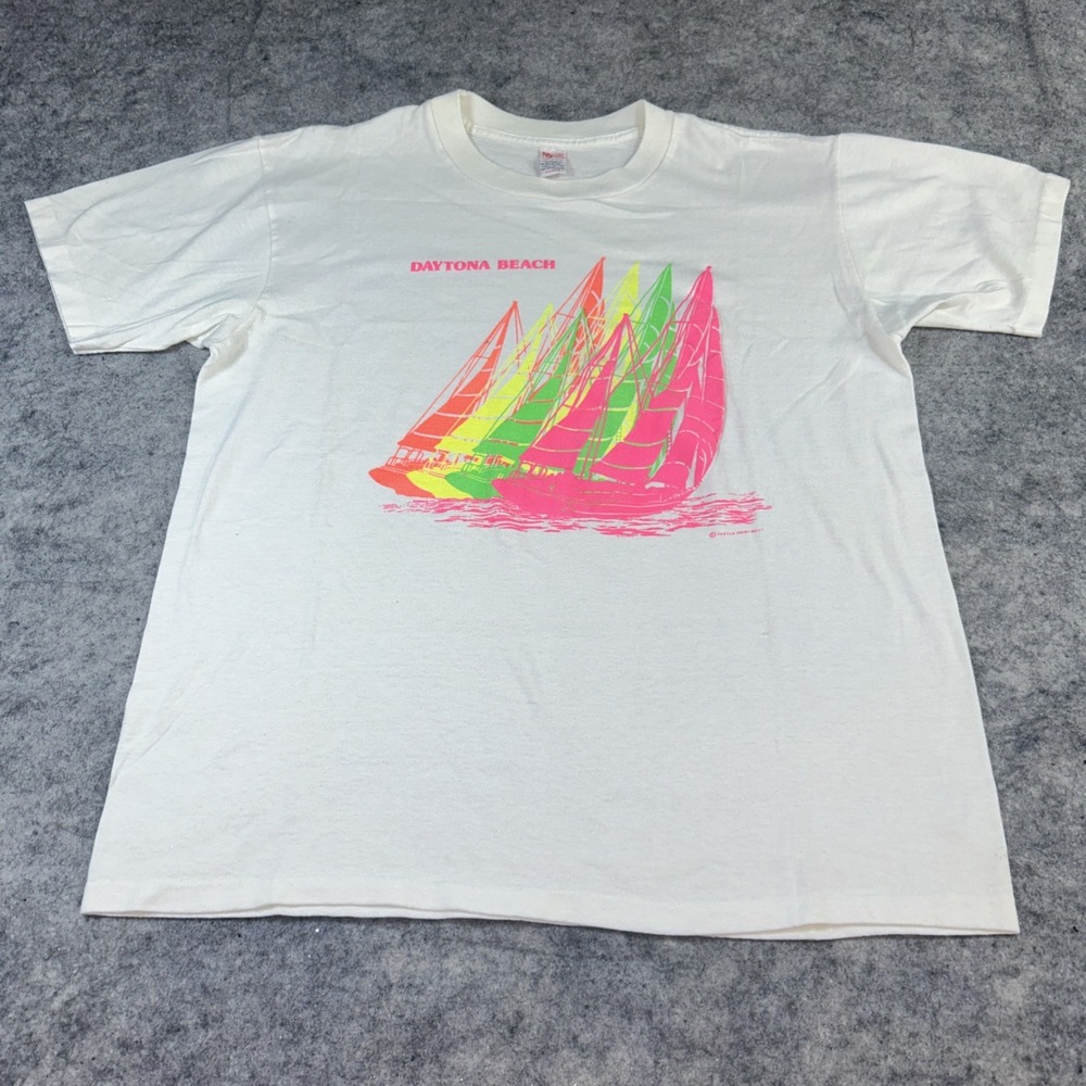 Vtg Textile Prints Daytona Beach FL‎ Men's XL Single Stitch Shirt Neon Sailboats